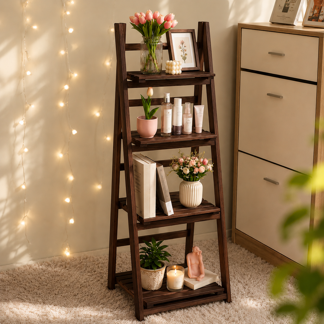 4 Tier Wooden Ladder Folding Book Shelf Shelving Rack