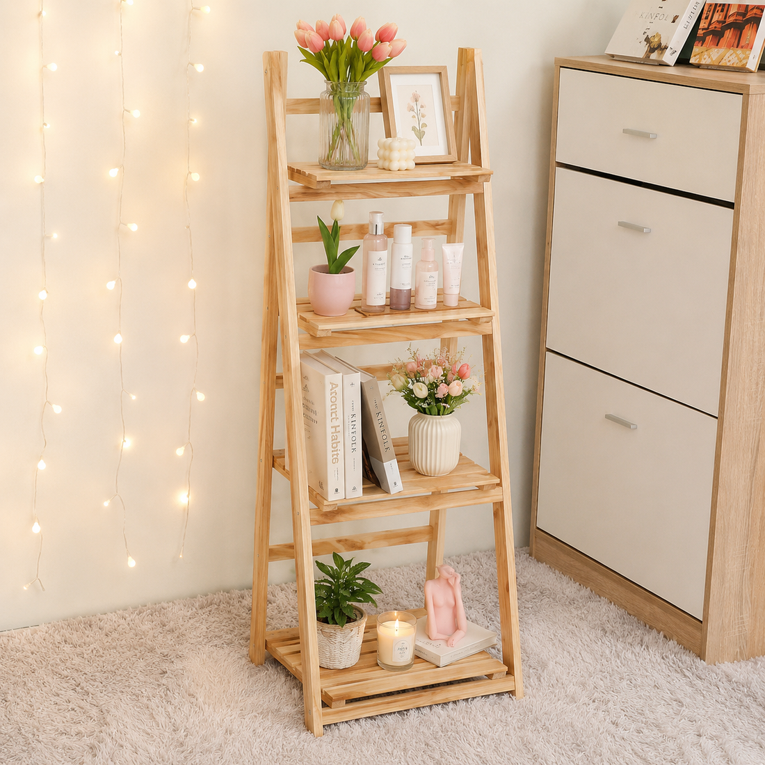 4 Tier Wooden Ladder Folding Book Shelf Shelving Rack