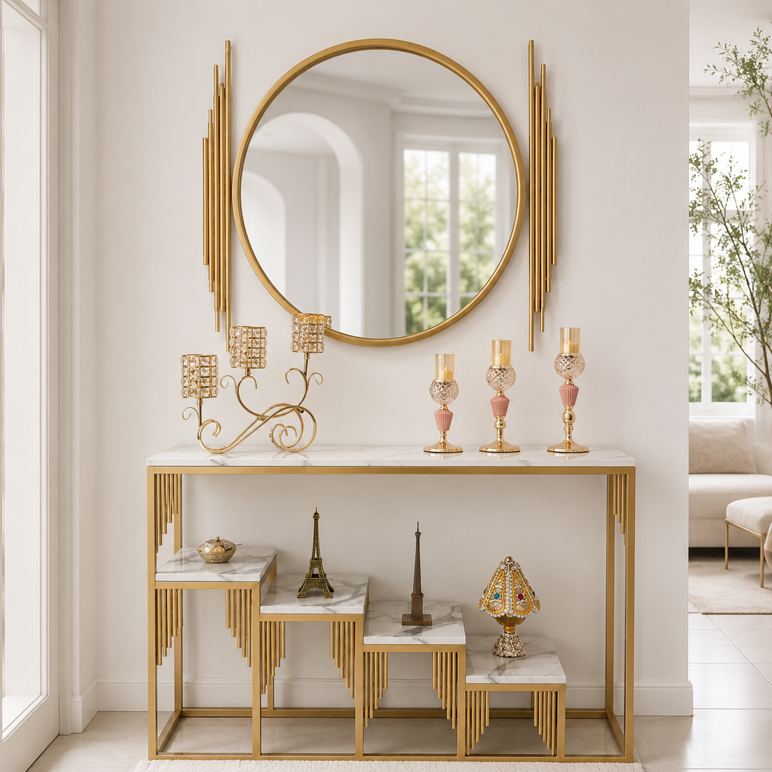Luxury Gold Round Wall Mirror with Decorative Metal Accent Frame