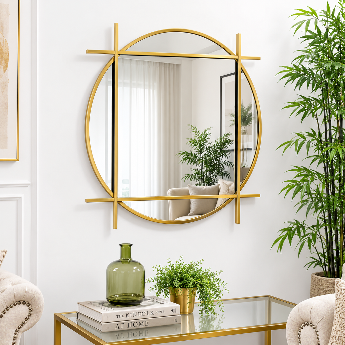 Luxury Gold Round Wall Mirror with Geometric Metal Frame | Modern Decorative Mirror